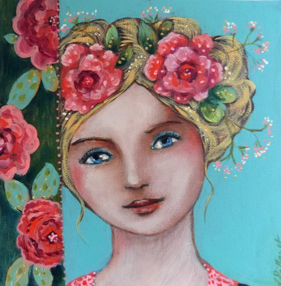 A hope of spring. 20x20cm Portrait of a romantic young blonde woman