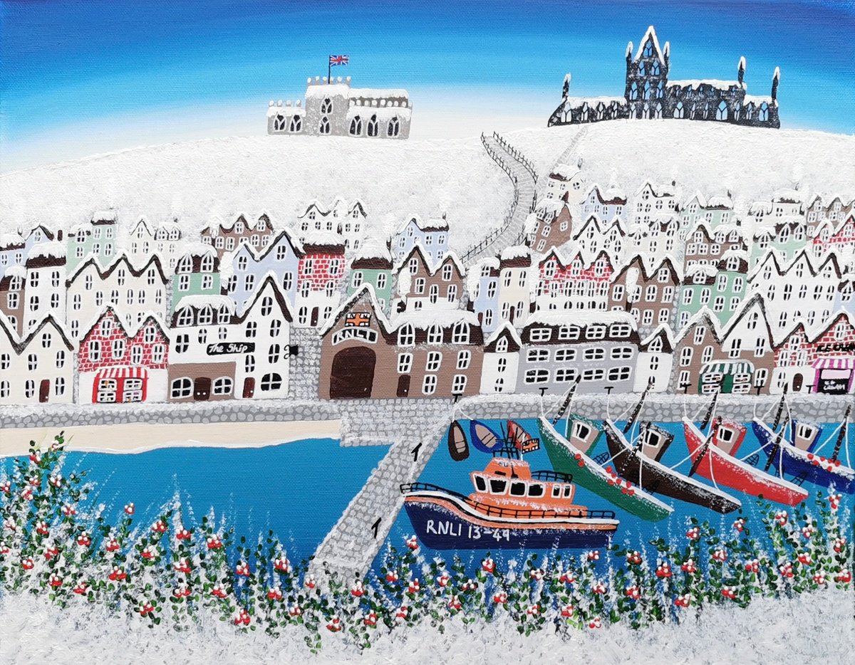 Naive Landscape Acrylic Painting By Elisa Trueman, 20 X 16, Winter In Whitby, Original Artwork