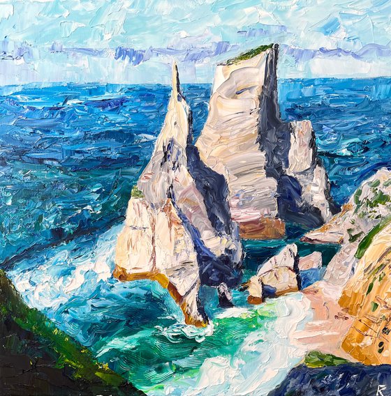 Ocean Original Oil Painting on Canvas, Portugal Landscape Wall Art, Coastal Home Decor