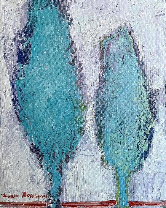 Tandem. Small acrylic painting, 11 x 14 in, turquoise, blue, gray.