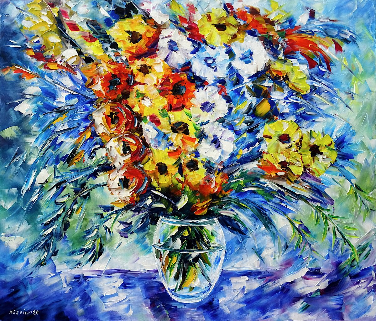 Expressive Botanical Oil Painting By Mirek Kuzniar, 28 X 24", Morning Bouquet, Original Artwork