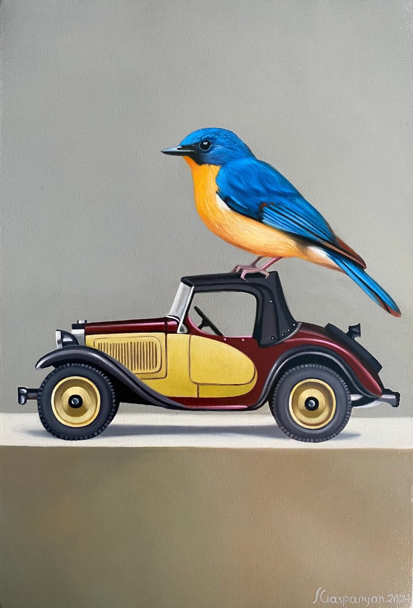 Photorealistic Still Life Oil Painting By Ara Gasparian, 9 X 14, Still Life With Bird And 1931 American Austin Roadster, Artfinder