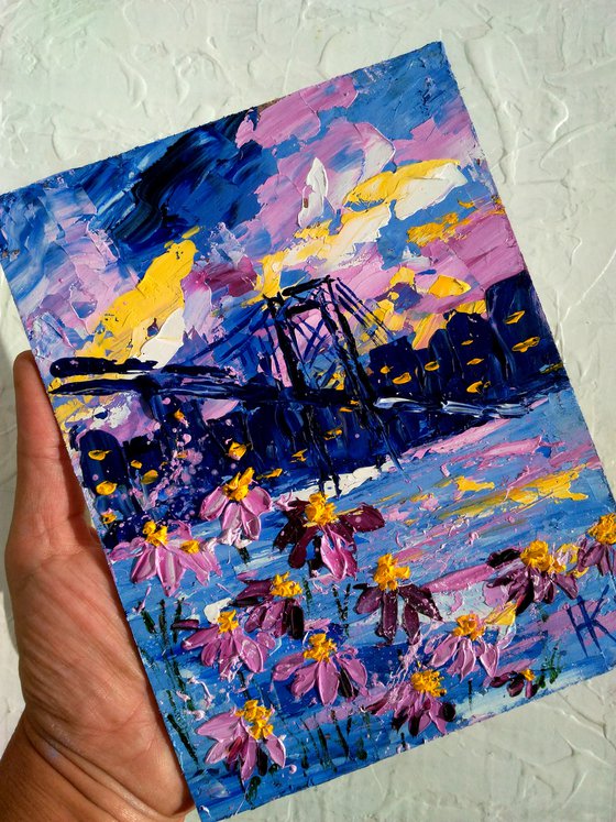 NYC Painting Cityscape Original Art New York Artwork Bridge Small Oil Impasto Home Wall Art 6 by 8" by Halyna Kirichenko