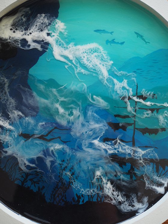 Deep diving, underwater world - original artwork, framed, ready to hang