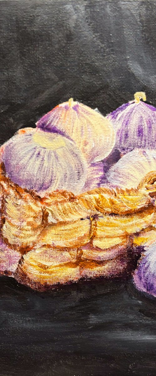 Garlic Bulbs in Woven Basket by Dmitry Fedorov