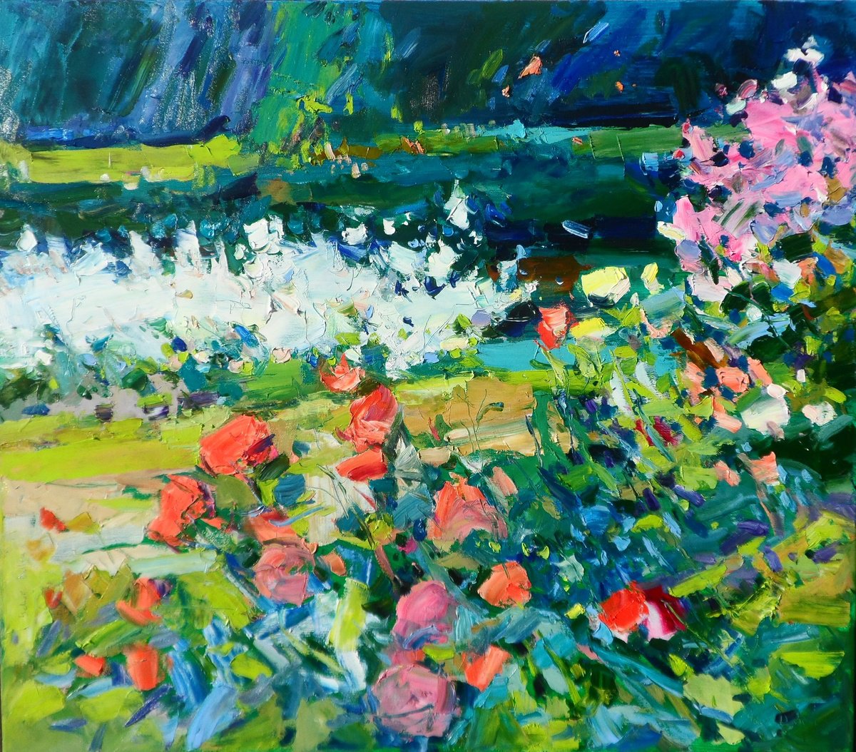 Impressionistic Landscape Oil Painting By Yehor Dulin, 31 X 28", Rose Garden, Original Artwork