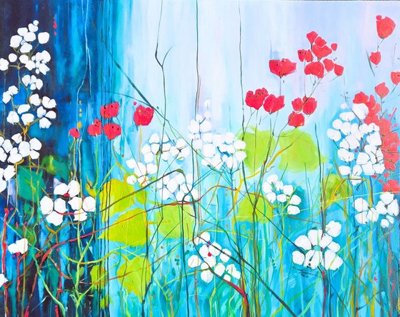 Red field poppies, blue red white abstraction