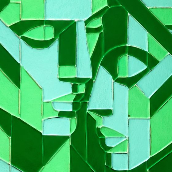 Green Lovers, Fused Glass Portrait