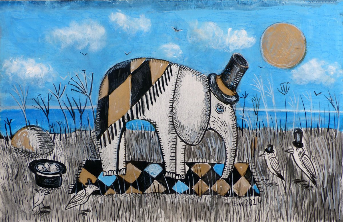 Graphic Animal Drawing By Elizabeth Vlasova, 17 X 11, After The Performance, Original Artwork