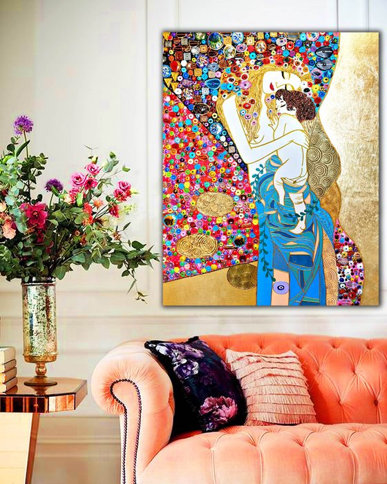 Painting Set of 2 LARGE GEMSTONES mosaic wall art Gustav Klimt Mother and Child & Family