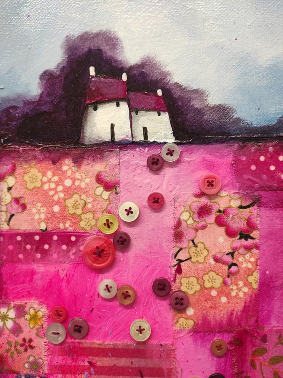 Little houses on pink patchwork Field Textured Landscape