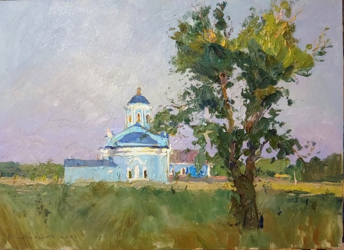 Expressive Cityscapes Oil Painting By Sergey Kostov, 28 X 20", Sunny Morning.blue Church, Original Artwork