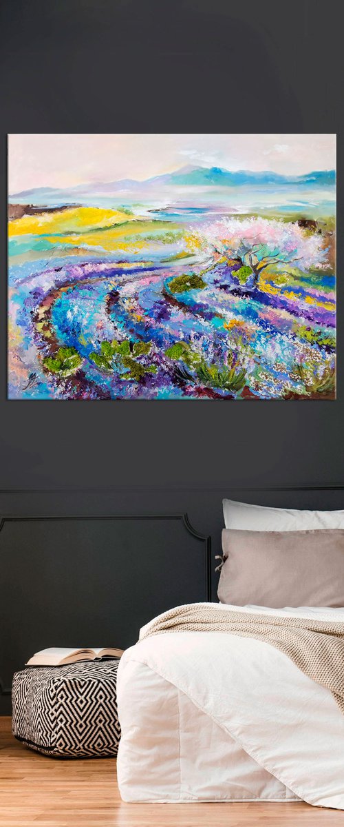 Landscape Oil Painting, Lavender field painting on canvas by Annet Loginova