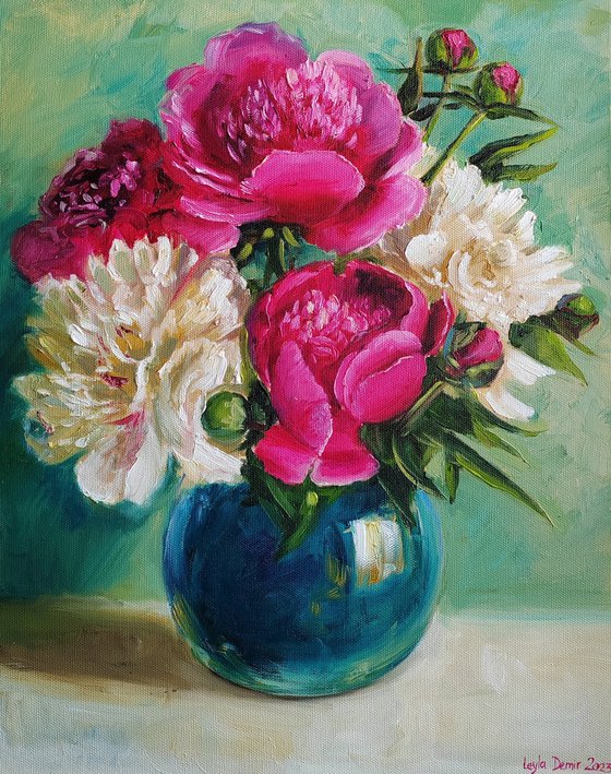 Pink and white peonies bouquet oil painting original still life 16x20"