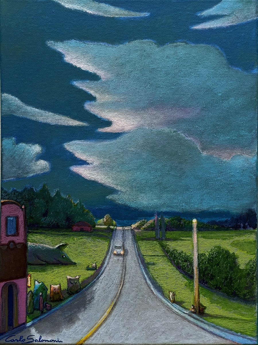 Surrealistic Landscape Acrylic Painting By Carlo Salomoni, 12 X 16, Waiting For Taxi, Original Artwork