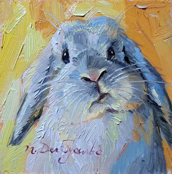 Bunny painting original oil framed 4x4, Small framed art rabbit artwork picture