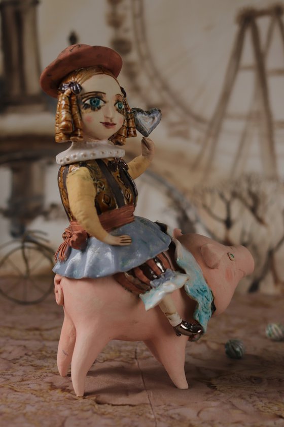 Vintage dressed girl riding the pig. From "Le Carousel, Hommage à l'Innocence" project by Elya Yalonetski