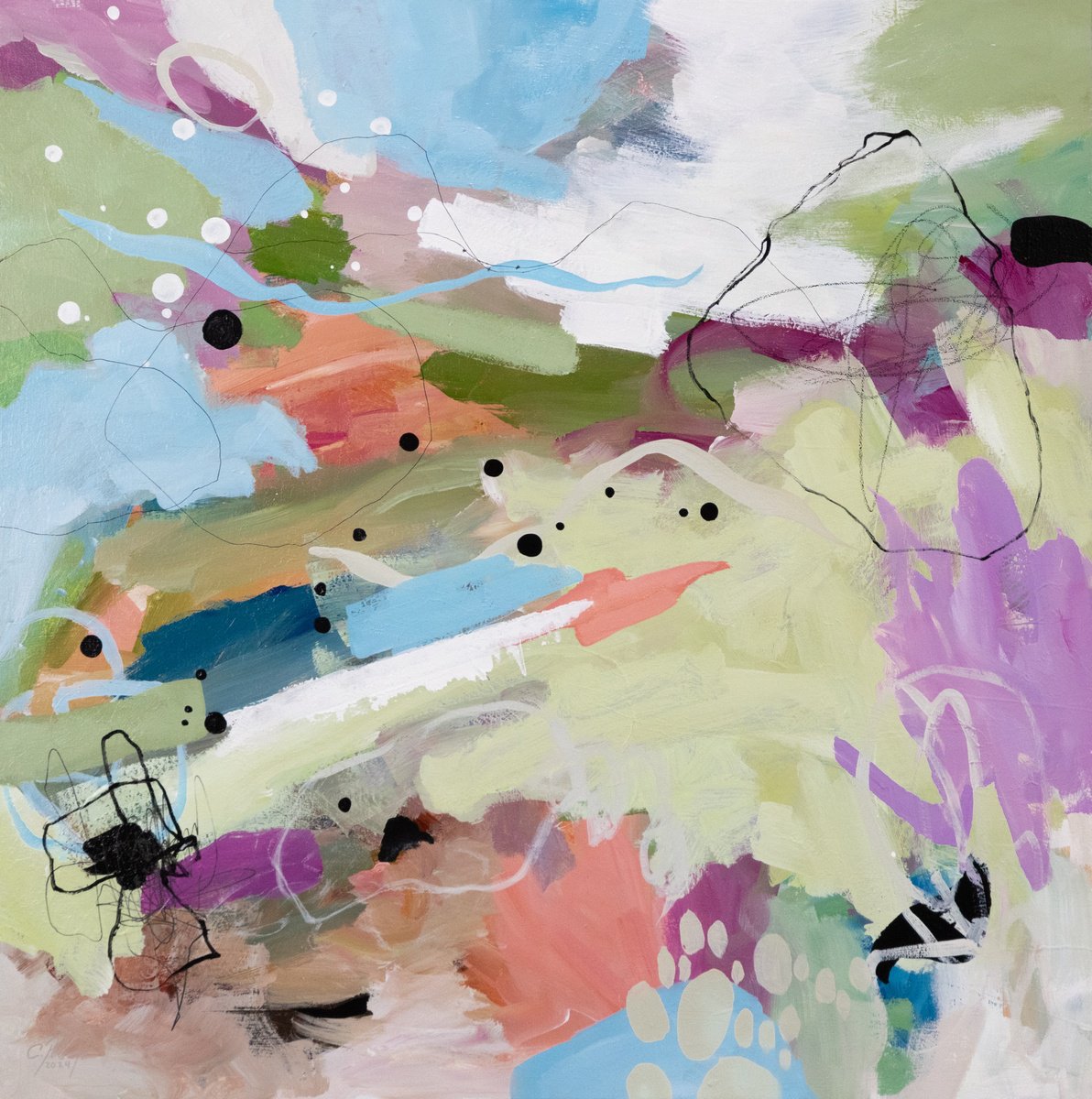 Expressive Landscape Acrylic Painting By Chantal Proulx, 36 X 36, Les Foins, Original Artwork