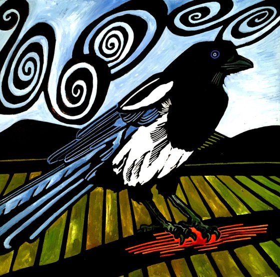Magpie with blue feathers