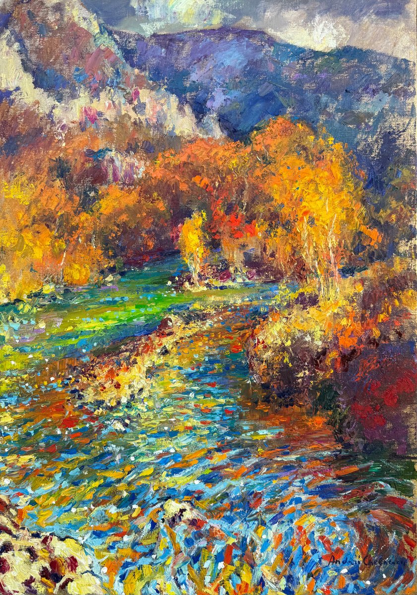 Impressionistic Landscape Oil Painting By Andrii Chebotaru, 28 X 39, Autumn Embrace, Original Artwork