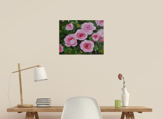 FIELD OF PURPLE PINK WHITE  ROSES  palette knife modern decor MEADOW OF FlOWERS, LANDSCAPE,  office home decor gift