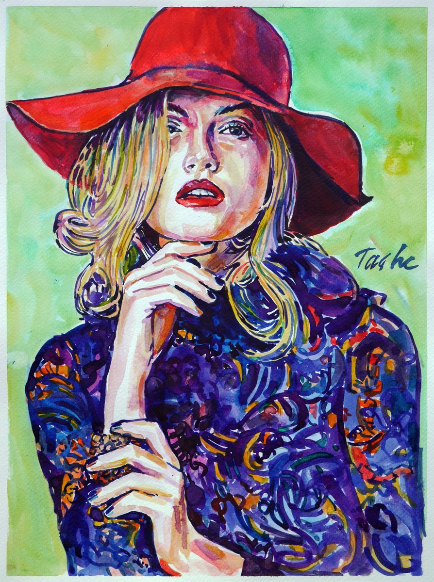 Urban And Pop Portrait Ink Drawing By Tashe, 12 X 16", "Bright Girl"/ 30X40Cm, Original Artwork