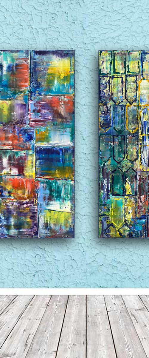 "Standing Up For Each Other" - Original PMS Abstract Diptych Oil Paintings On Wooden panels - 28" x 32" by Preston M. Smith (PMS)