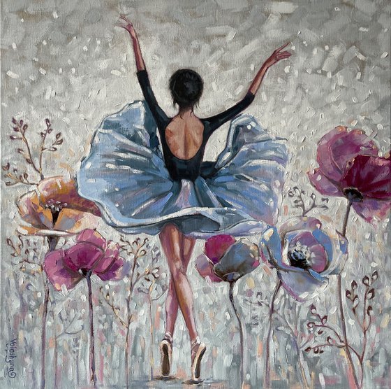 "Dance of the soul". Ballerina oil painting. Flowers.