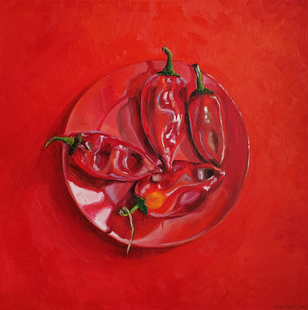 Fiery Red Still Life with Paprika on a Plate by Leyla Demir