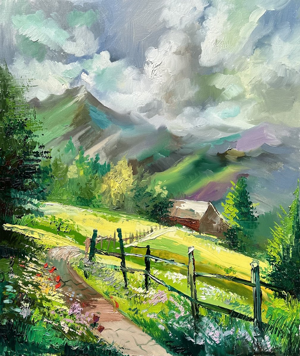Impressionistic Landscape Oil Painting By Vahe Bagumyan, 24 X 28", Alpine Bliss, Original Artwork