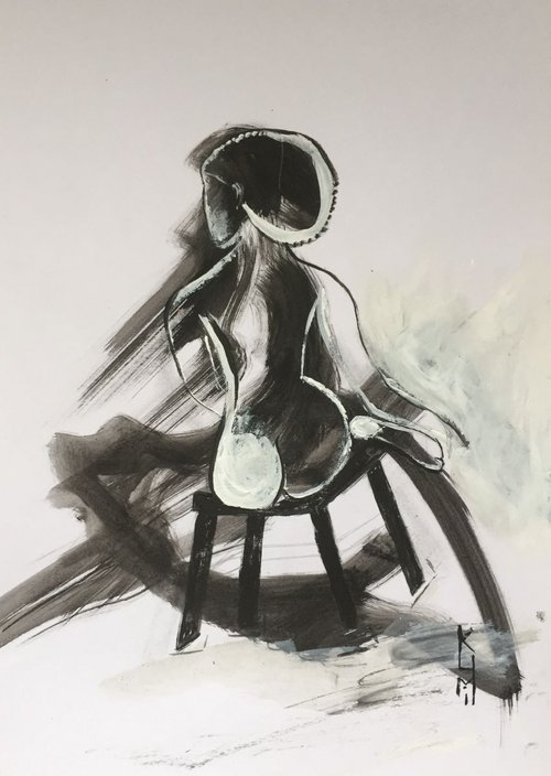 While I Wait Woman Portrait Acrylic on Watercolour Paper Black White Painting Gift Ideas Original Art 8"x12" by Kumi Muttu