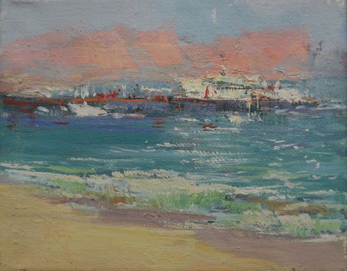 Sea painting titled "Pink Morning" by Yuri Pysar