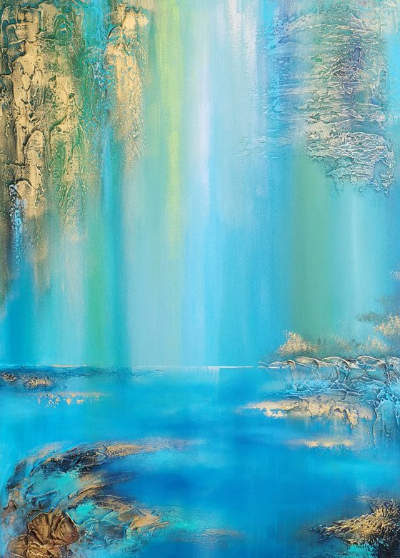 A XL large semi-abstract beautiful structured mixed media painting of a lake "Under the willow"