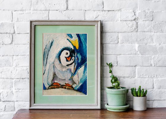 Penguin Painting Bird Original Art Penguin Chick Artwork Snow Wall Art