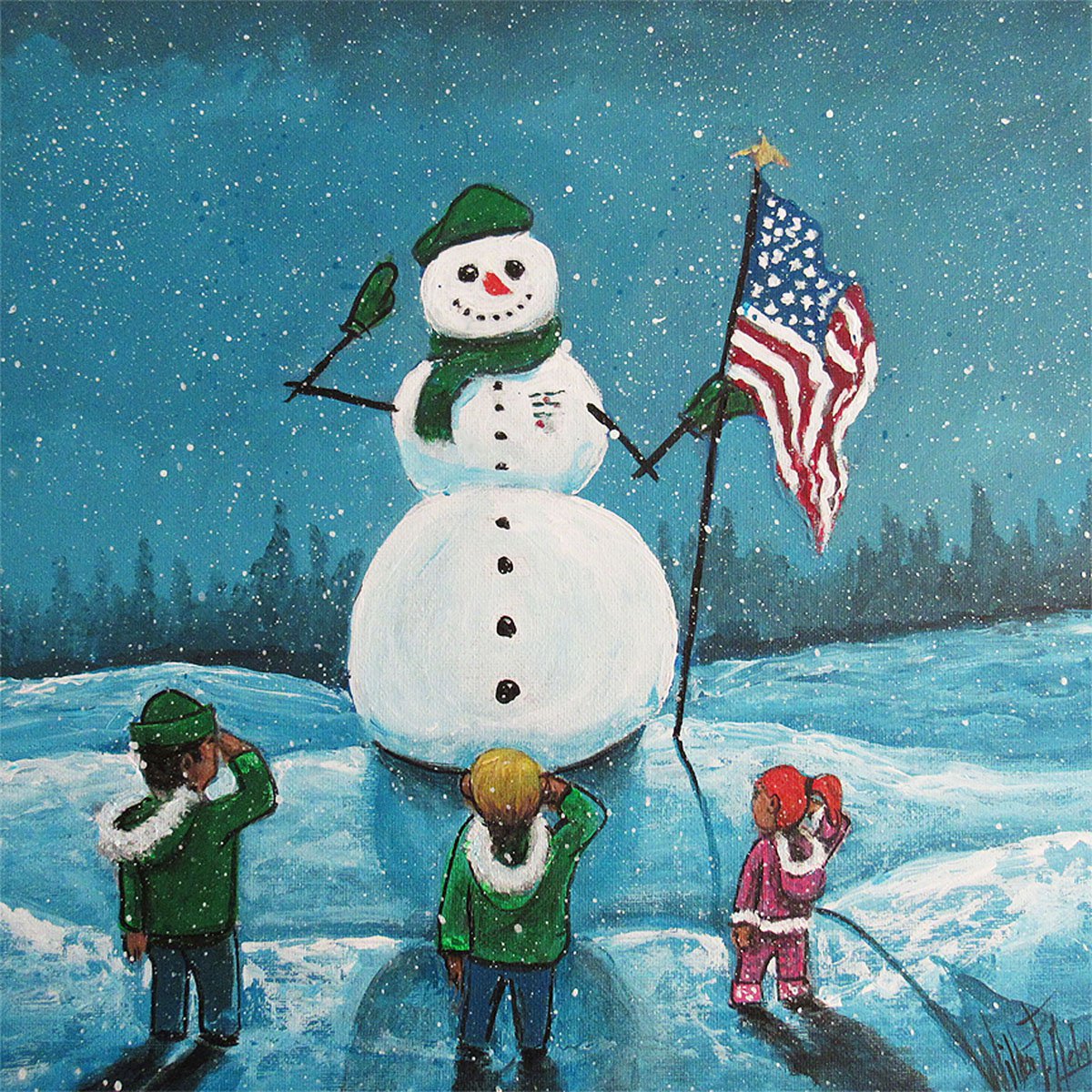 Illustrative Portrait Acrylic Painting By William F. Adams, 12 X 12", A Snowman For My Heroes !, Original Artwork