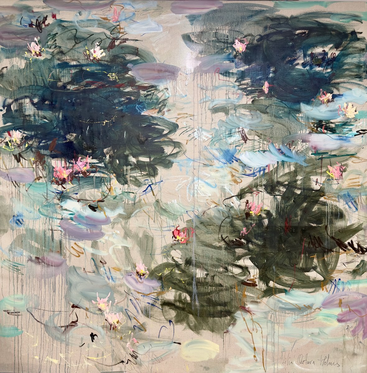 Expressive Abstract Oil Painting By Lilia Orlova-Holmes, 79 X 79", Water Lilies. Dreams, Original Artwork