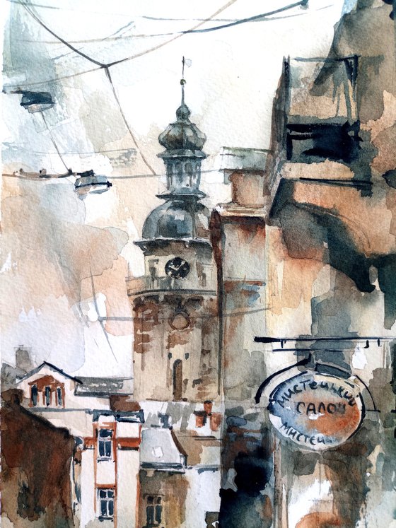 "Street in Lviv" - City scene in monochrome colors - Original watercolor painting