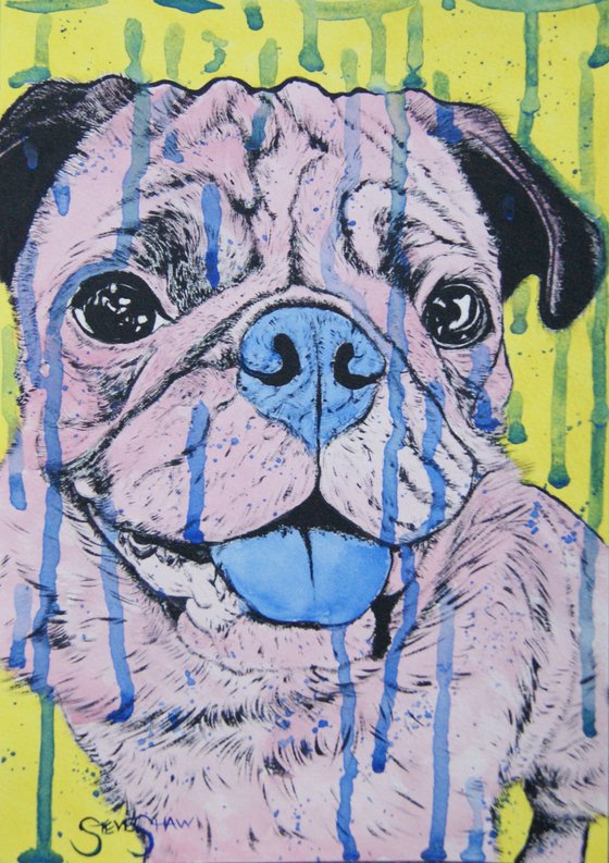 Pink Pug. Dog Painting. Acrylic on paper. A4. Free Shipping