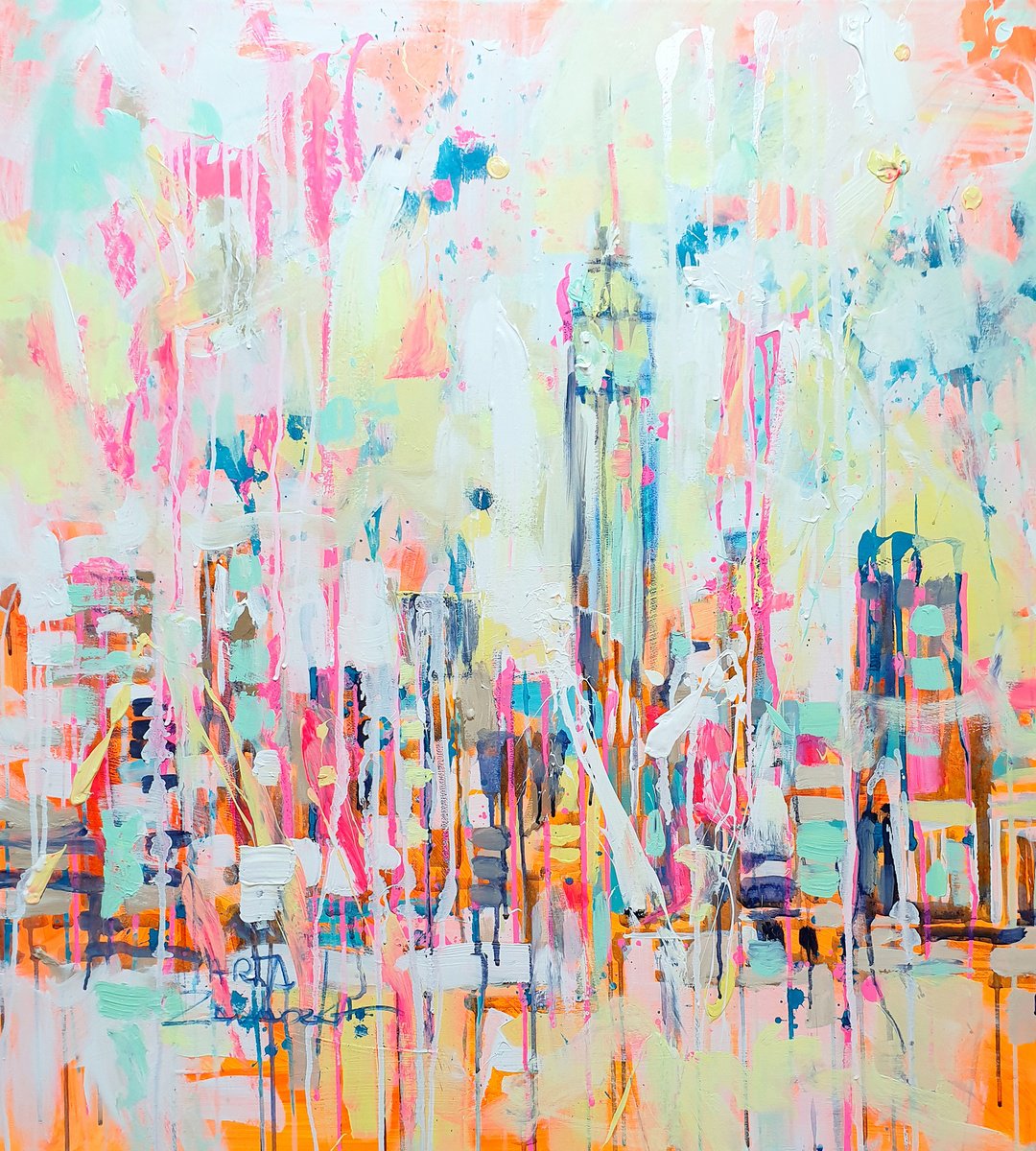 Impressionistic Cityscapes Acrylic Painting By Marta Zawadzka, 35 X 39", New York Awaken, Original Artwork