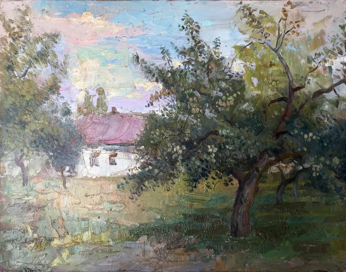Impressionistic Landscape Oil Painting By Viktor Mishurovskiy, 18 X 14", Apple Tree In Shevchenkove, Original Artwork