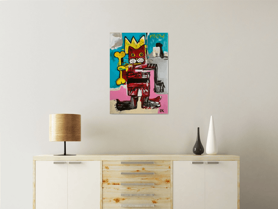 King Cat Troy  in a CROWN ( 71x 51cm, 28 x 20 inches,) version of famous painting by Jean-Michel Basquiat