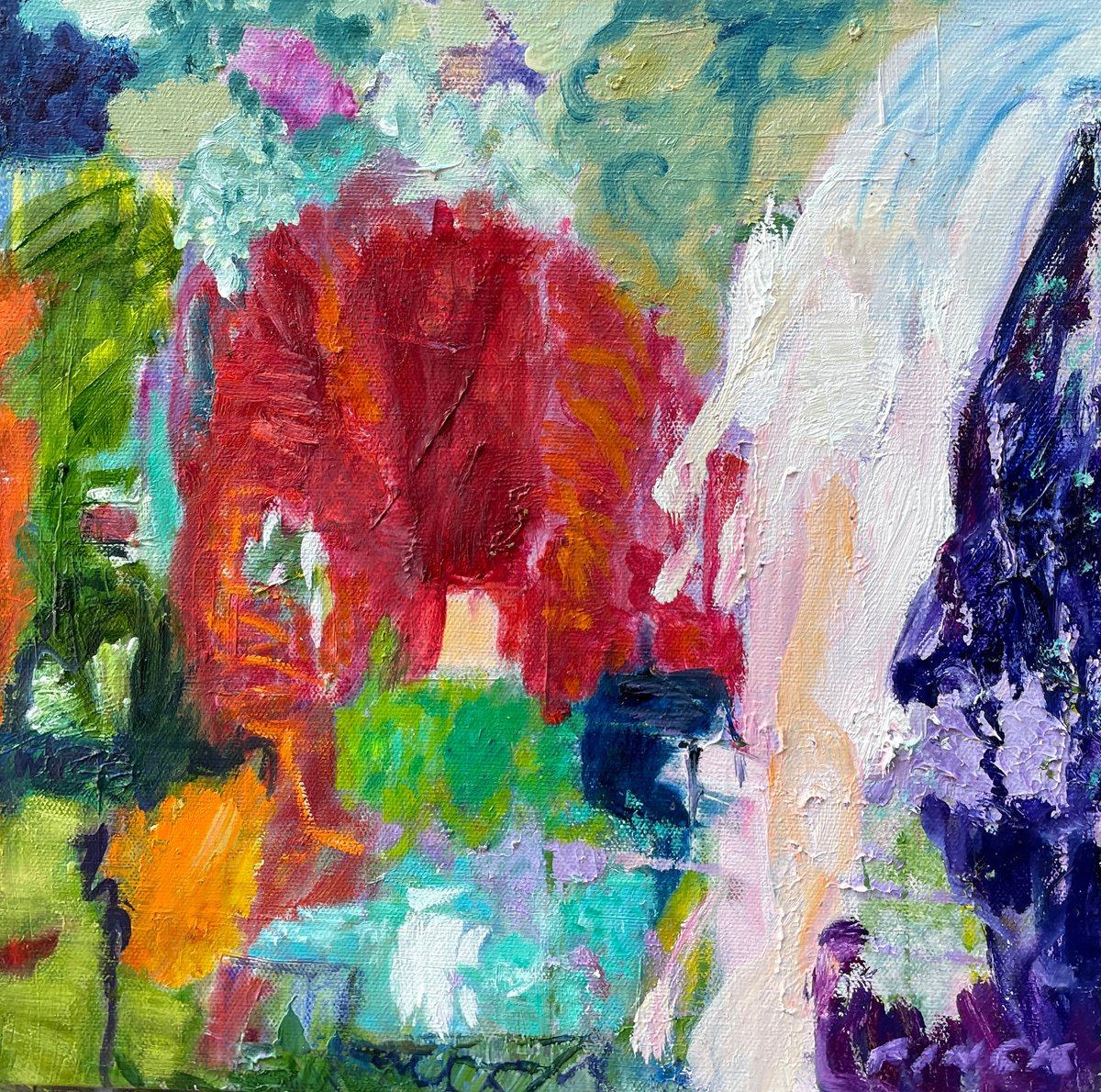 Abstract Oil Painting By Maureen Finck, 12 X 12", The Little Blue House, Original Artwork