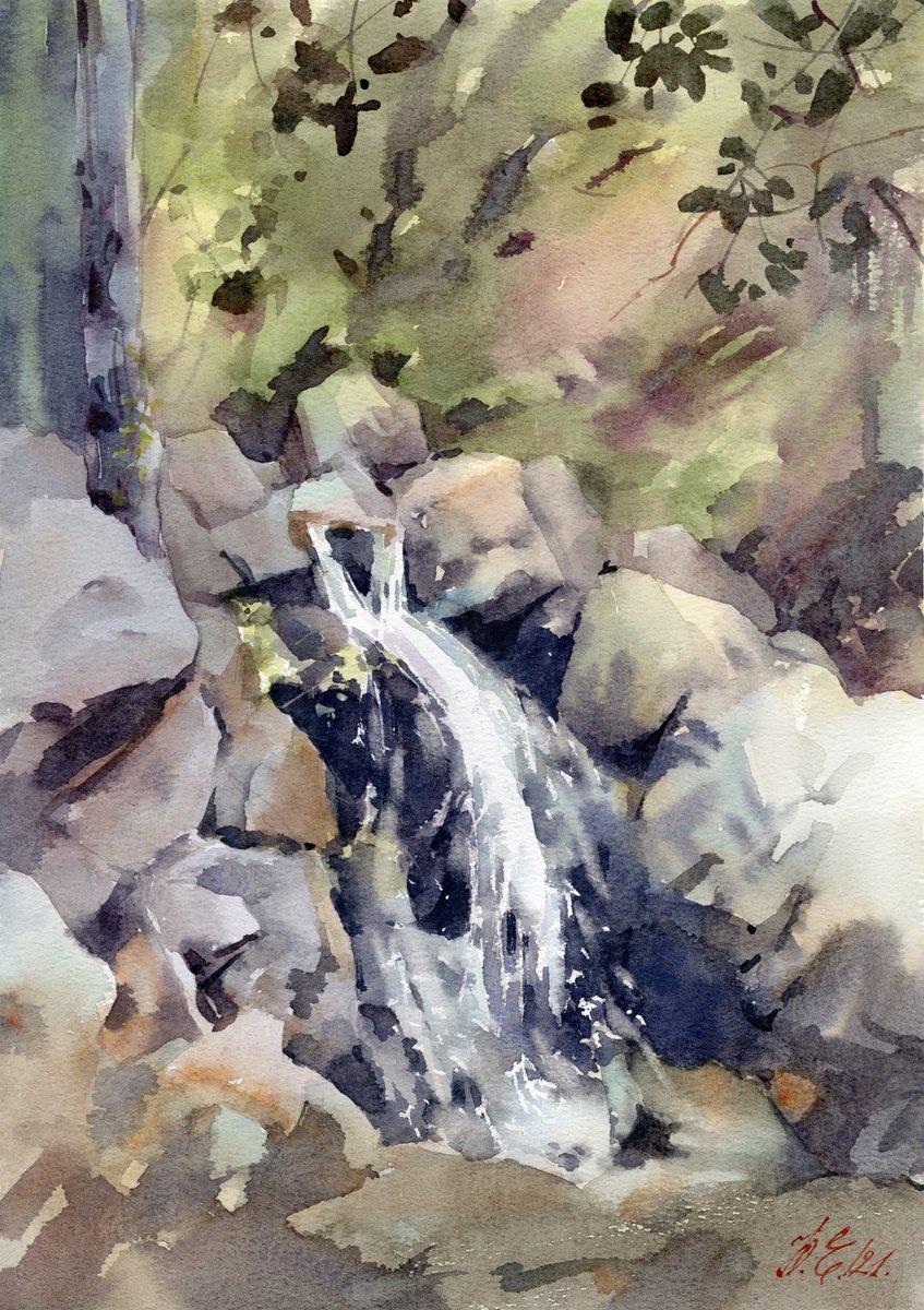 Caledonia waterfall, Watercolor nature of Cyprus by Yulia Evsyukova