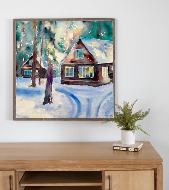 Winter Landscape Watercolor Painting, Snowy Forest Original Wall Art, Cozy Home Decor