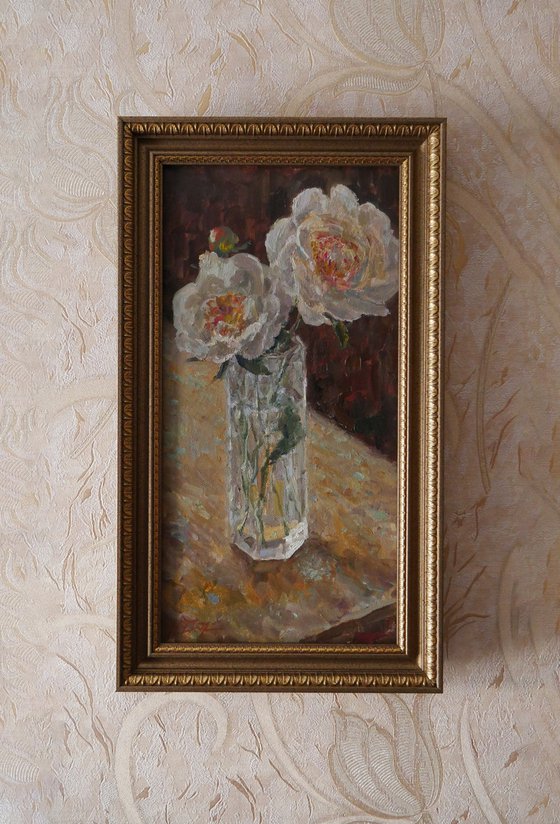 Peonies In The Glass - peonies still life painting