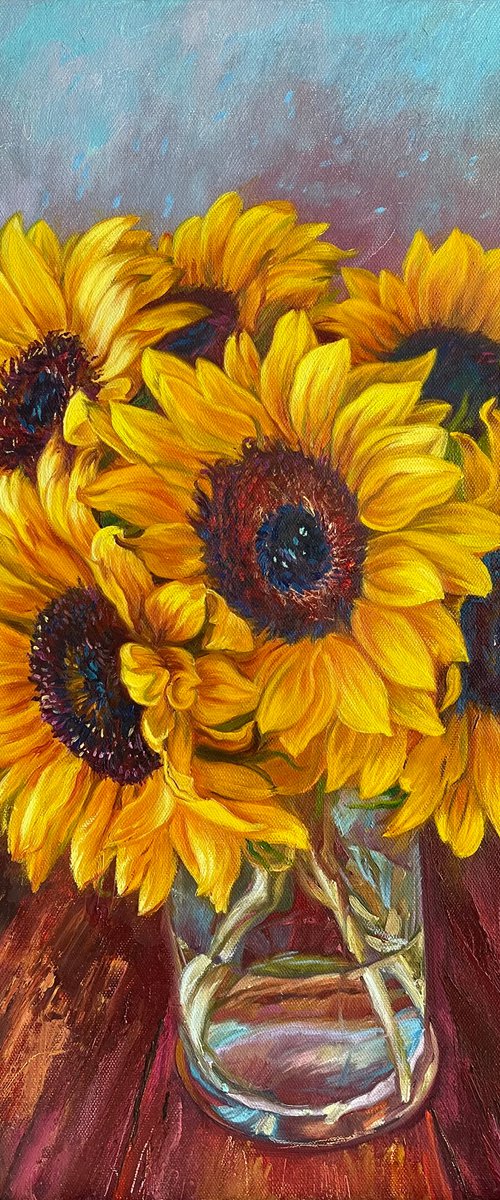 Sunflowers on a turquoise background by Elena