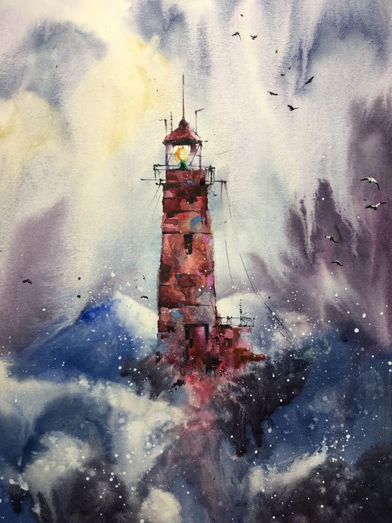 SOLD Watercolor "Sea storm. Red lighthouse”