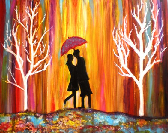 Romance in the Rain vibrant colorful romantic painting on sale