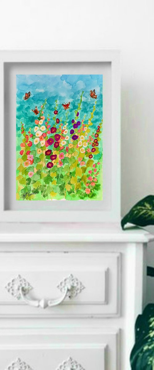 Hollyhocks and Butterflies by Lisa Mann