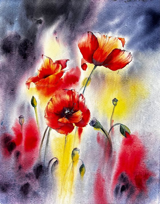 Red Poppy Flowers, Original floral watercolour painting